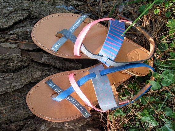 Handpainted strapped genuine leather strappy sandals, leather insole, buckle heel closure, rubber sole,handcrafted sandals
