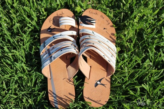 Handpainted Strapped genuine leather flat sandals. Leather insole, rubber sole, swallows