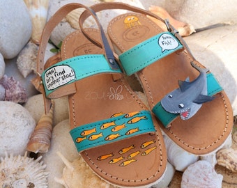 boys' sandals, handpainted sandals, shark, fish, cartoon sandals
