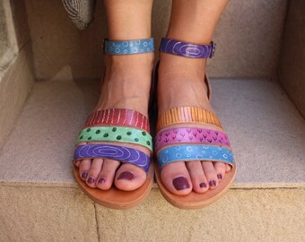 unique sandals, colourful sandals, handpainted sandals, leather sandals