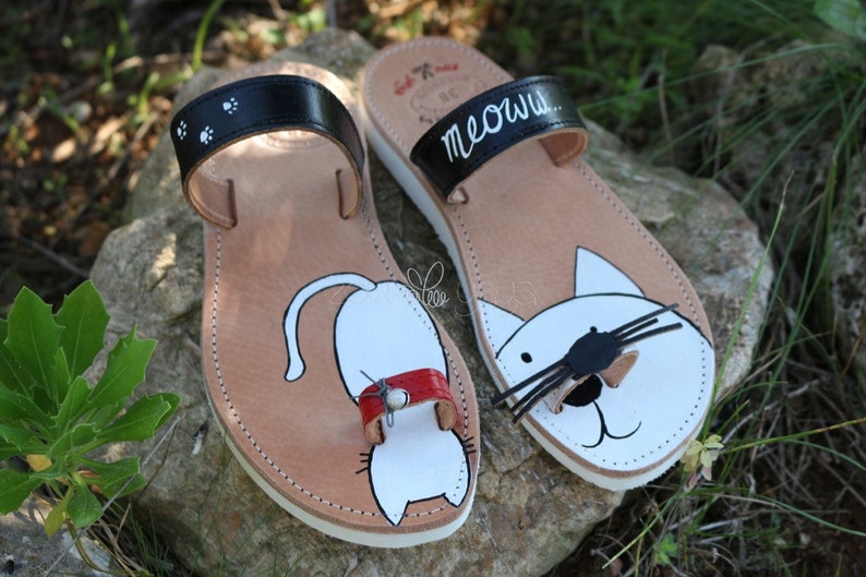 Women's sandals handpainted sandals handmade cat white Etsy
