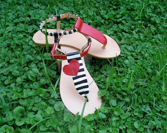 Handpainted Strapped genuine leather flat sandals. Leather insole, rubber sole, stripy line, dots and stripes