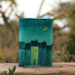 leather key holder, blue, dark blue, night in the town, houses, moon, moonlighting, midnight, turquoise image 1