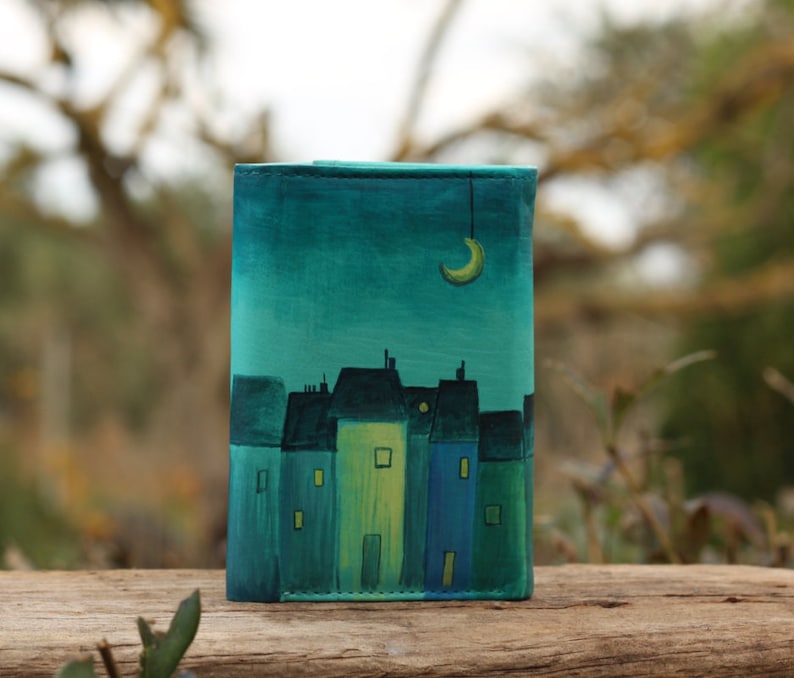 leather key holder, blue, dark blue, night in the town, houses, moon, moonlighting, midnight, turquoise image 1