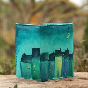 leather key holder, blue, dark blue, night in the town, houses, moon, moonlighting, midnight, turquoise image 2