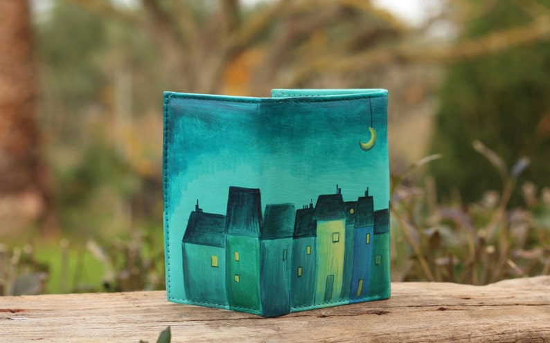 leather key holder, blue, dark blue, night in the town, houses, moon, moonlighting, midnight, turquoise image 2