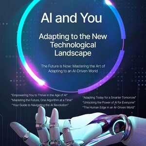 Puede incluir: Portada del libro "AI and You" con una mano robótica. El título se destaca sobre un fondo azul y morado, con el subtítulo "Adaptándose al nuevo panorama tecnológico". El autor es Shu Chen Hou.