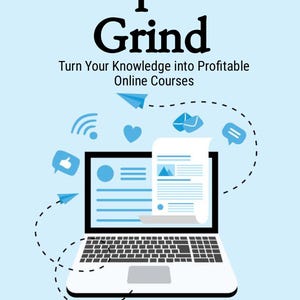Puede incluir: Portada de libro con el título "Escape the Grind" y el subtítulo "Turn Your Knowledge into Profitable Online Courses". La imagen muestra un portátil con un documento, rodeado de iconos y aviones de papel, sobre un fondo azul claro. Autor: Shu Chen Hou.