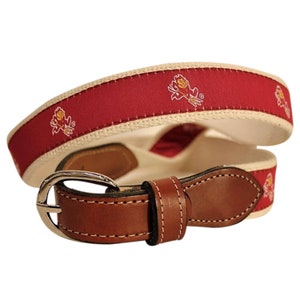 May include: A red and white woven belt with a brown leather buckle. The belt has a repeated pattern of a cartoon mascot wearing a red and yellow uniform.