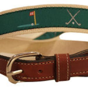 Golf Clubs  Green Ribbon  Men's Cotton Web Leather Belt