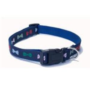 May include: A navy blue dog collar with a pattern of colorful bowties. The collar has a black plastic buckle and a metal D-ring.