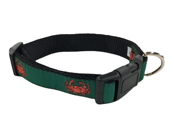 Hunter Green Red Crab Dog Collar | Coastal Pet | Made in USA Dog Accessory