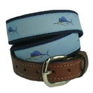May include: A light blue belt with a brown leather buckle and a pattern of blue marlin fish.