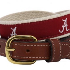 Alabama ribbon belt with Script A woven logo on cotton webbing with  Leather Belt ends. Men&#39;s belt licensed.