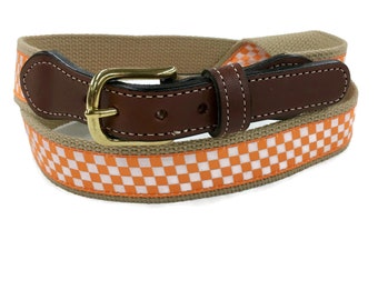 University of Tennessee  Checkerboard men's cotton Web and Leather Belt. Licensed Tennessee Vols Product. Go Vols.