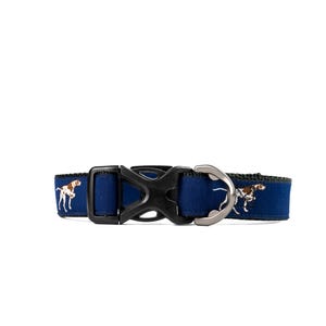 May include: A navy blue dog collar with a black plastic buckle and a silver metal D-ring. The collar features a repeating pattern of a brown and white dog breed illustration.