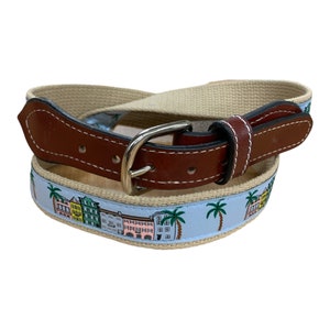 Charlestown Rainbow Row Men&#39;s Web Leather Belt. Made in SC