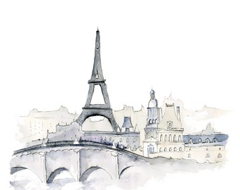 May include: A watercolour painting of the Eiffel Tower in Paris, France. The tower is in the background, with a bridge in the foreground. The painting is done in shades of grey and blue.