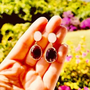 Amethyst and Rose Quart Gold Plated Silver Earrings