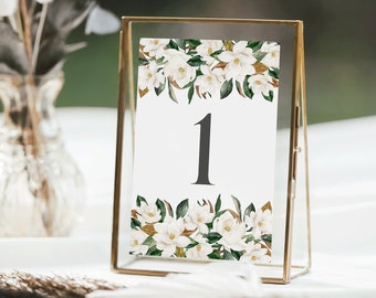 Tischnummern mit Magnolien Aquarell Print, florale Tischzahlen Karten A6, Sitzplan Hochzeit, Empfangstisch Schild | Magnolia Cotton