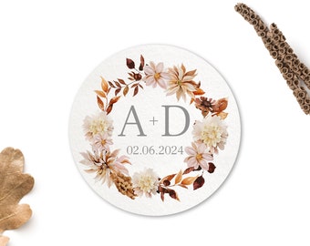 Hochzeitsaufkleber personalisierbar, 40mm, Aufkleber Hochzeit im Herbst, Hochzeitseinladung getrocknete Blumen | Autumn Garden