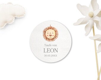 Aufkleber zur Taufe, Löwe, personalisierbare Taufeaufkleber, 40mm, Taufeinladung im Boho Stil, Taufe Sticker Neutral | Boho Nursery