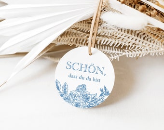 round gift tags Nice that you are here, Toile de Jouy in blue, 12 pieces, tags for guest gifts in vintage style, Ø50mm | TDJ