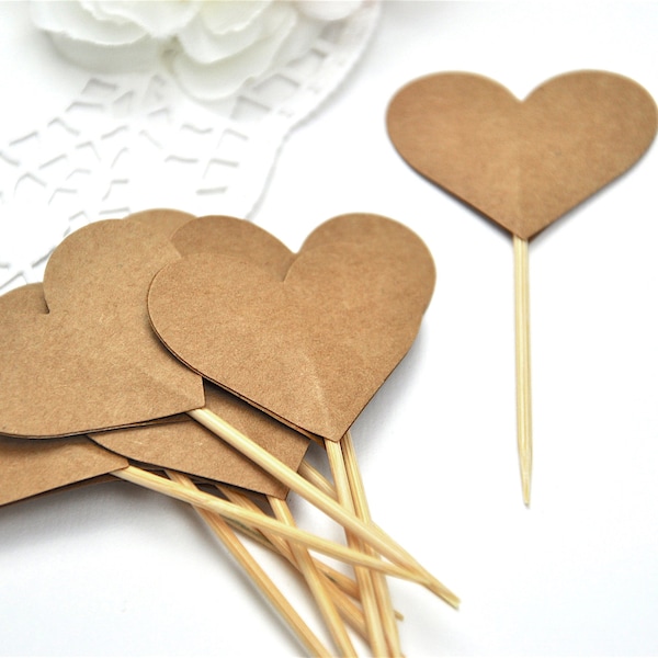 Cupcake topper heart kraft paper brown, cake topper wedding decoration, muffin plug, cake decoration for wedding and birthday