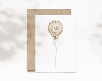 Karte zur Geburt Luftballon beige, Glückwunschkarte Baby genderneutral, Aquarell | BN