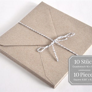 May include: A stack of 10 brown square envelopes tied together with white twine. The envelopes are 6.30 inches by 6.30 inches. The label reads "10 St&uuml;ck Quadratisch 16 x 18cm 10 Pieces Square 6.30 x 6.30"