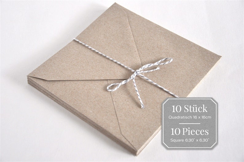May include: A stack of 10 brown square envelopes tied together with white twine. The envelopes are 6.30 inches by 6.30 inches. The label reads "10 St&uuml;ck Quadratisch 16 x 18cm 10 Pieces Square 6.30 x 6.30"