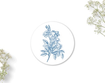 Aufkleber Toile de Jouy blau, 40mm, Rosen Sticker Set im Vintage Stil, florale Motivaufkleber für Gastgeschenke, Line Art | TDJ