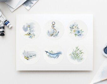 Sticker set maritime light blue, in 40 mm or 60 mm, Nordic stickers, floral motif sticker set, anchor, whale, lighthouse, flowers
