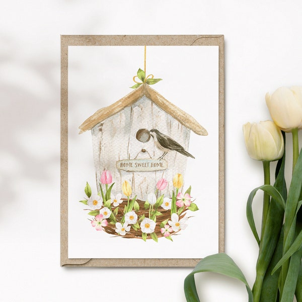 Glückwunschkarte zum Umzug Aquarell Blumen Vogelhaus, Grußkarte zum Muttertag, Geburtstag, Einzug, Frühling | Easter Aesthetics