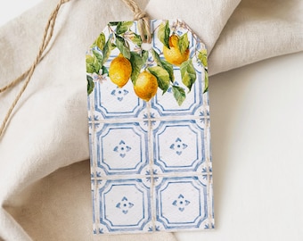 Geschenkanhänger mit Azulejos Zitronen, Etiketten Set für Gastgeschenke, Aquarell Print | MSC