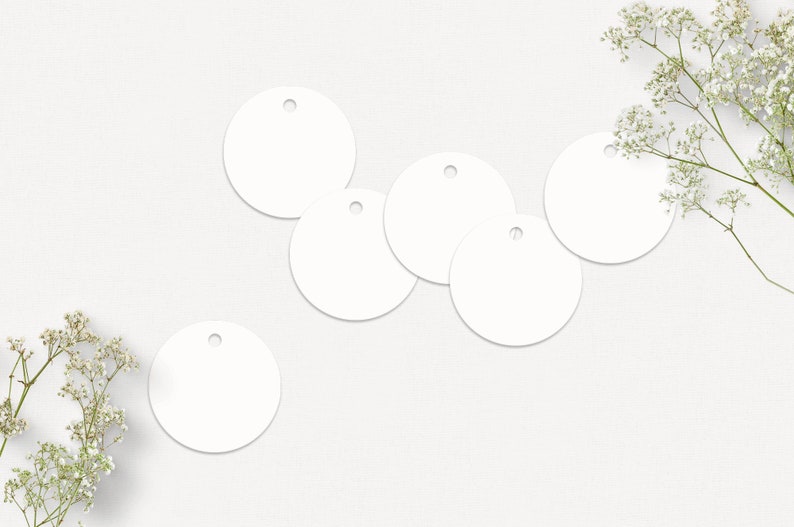May include: Six blank white round gift tags with holes for string or ribbon. The tags are arranged in a semi-circle on a white background.