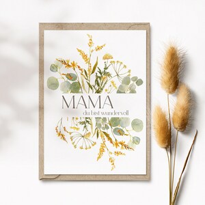 Muttertagskarte mit Wildblumen Print, Mama du bist wundervoll, florale Grußkarte zum Muttertag, Din A6, grün, senfgelb | Fragrant Garden