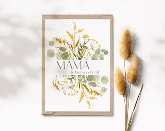 Mother's Day card with wildflower print, Mom you are wonderful, floral greeting card for Mother's Day, Din A6, green, mustard yellow | Fragrant Garden