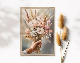 Card bouquet of flowers pastel colors A6, dried flowers illustration, floral greeting card for birthday, Mother's Day, thank you | TBP