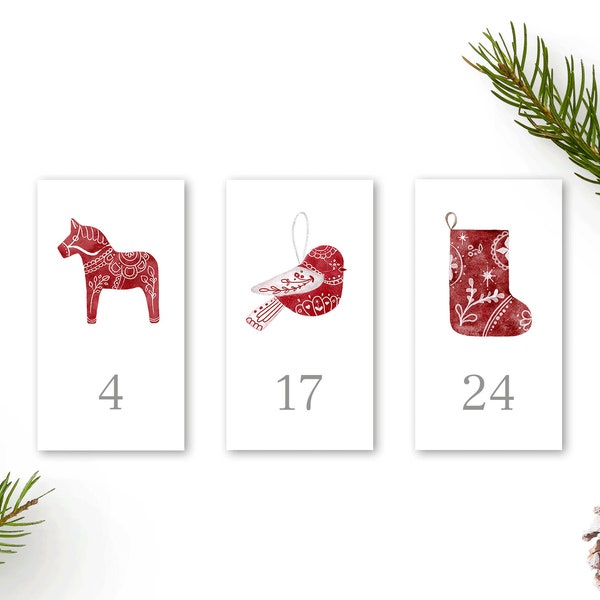 Adventskalender Aufkleber rot skandinavisch, Adventszahlen 1-24, Adventskalenderzahlen Sticker, Schwedische Folklore, Tiere, Dalahäst