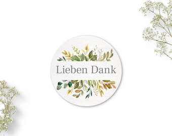 Lieben Dank Aufkleber mit Eukalyptus und Olivenzweigen, 40mm, florale Dankeaufkleber, Sticker für Geschenke | Moody Opulence