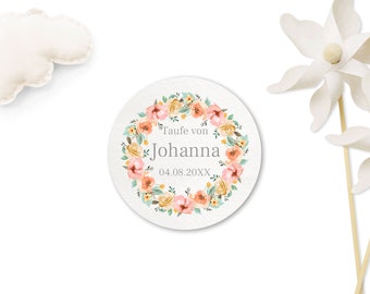 Taufeaufkleber Blumenkranz Pastell, personalisierbare Sticker, 40mm, Kommunion | Happy Forest