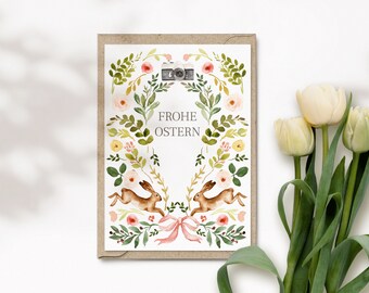 Tarjeta de Pascua feliz con ilustración floral de acuarela, tarjeta de Pascua moderna con sobre, tarjeta plegable A6 flores, primavera | Primavera floreciente