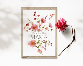 Carte pour la fête des mères, Merci pour tout maman, carte de fête des mères avec imprimé floral, fleurs sauvages roses, carte pliante Din A6 | Jardin parfumé