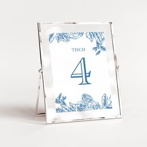 Tischzahlen mit floralem Toile Print in blau, Hochzeit Tischnummern Karten DIN A6, Sitzplan, Hochzeitstisch | TDJ