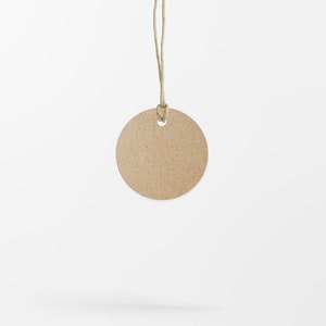 May include: A round, brown paper tag with a hole in the center. The tag is hanging from a piece of twine.