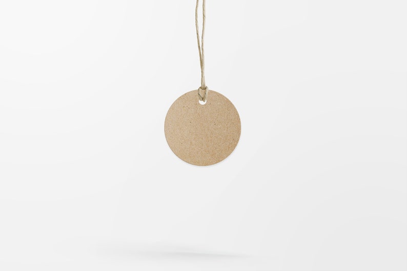May include: A round, brown paper tag with a hole in the center. The tag is hanging from a piece of twine.
