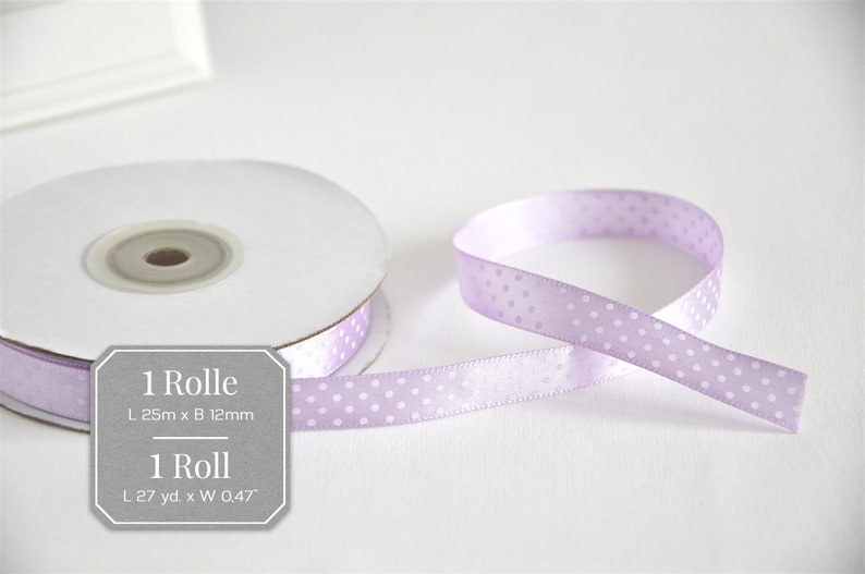 25 m satin ribbon lilac dots, 12 mm 0.15 EUR/meter image 5