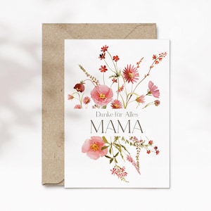 Karte zum Muttertag, Danke für Alles Mama, Muttertagskarte mit floralem Print, Wildblumen pink, Faltkarte Din A6 | Fragrant Garden