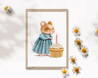 Karte zum Kindergeburtstag, Geburtstagskarte für Kinder, Maus mit Cupcake, Aquarell Grußkarte zum Geburtstag | Nostalgia Season